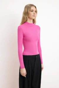 TRENDYOLMİLLA Fuchsia Dog collar Plain Long Sleeve Flexible Knitting Blouse - Image 4