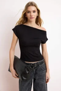 TRENDYOLMİLLA Black Fitted Asymmetric Collar Sleeveless Soft Knitting Blouse