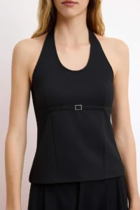 TRENDYOLMİLLA Black Fitted Barbell Neck Binding Detailed interlock Knitting Blouse - Image 3