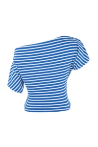 TRENDYOLMİLLA Navy Blue Striped Regular Pattern Asymmetric Yaka Shirred Crop Ribbed Flexible Knitting Blouse - Image 2