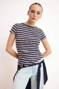 TRENDYOLMİLLA Navy Blue Striped Fitted Short Sleeve Shirred Ribbed Flexible Knitting Blouse