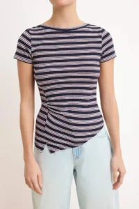 TRENDYOLMİLLA Navy Blue Striped Fitted Short Sleeve Shirred Ribbed Flexible Knitting Blouse - Image 3