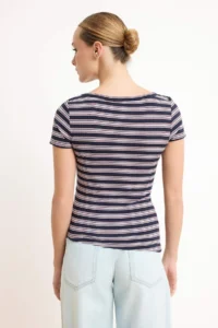 TRENDYOLMİLLA Navy Blue Striped Fitted Short Sleeve Shirred Ribbed Flexible Knitting Blouse - Image 4