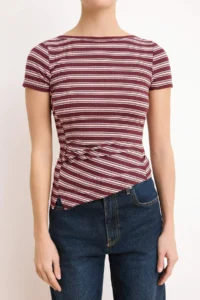 TRENDYOLMİLLA Pink Striped Fitted Short Sleeve Shirred Ribbed Flexible Knitting Blouse - Image 3