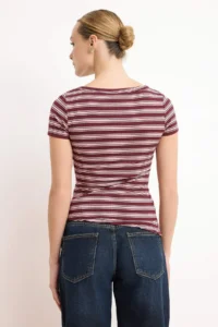 TRENDYOLMİLLA Pink Striped Fitted Short Sleeve Shirred Ribbed Flexible Knitting Blouse - Image 4