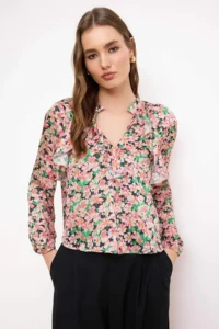 TRENDYOLMİLLA Pink Floral Ruffle Detailed Satin Weaving Blouse - Image 2