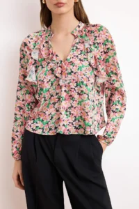 TRENDYOLMİLLA Pink Floral Ruffle Detailed Satin Weaving Blouse - Image 3