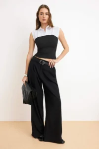 TRENDYOLMİLLA Black Shirt Detailed Weaving Blouse