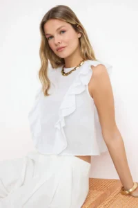 TRENDYOLMİLLA White Ruffle Detailed Crop Size Semi Transparent Weaving Blouse