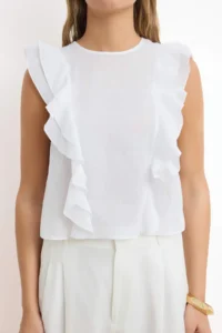TRENDYOLMİLLA White Ruffle Detailed Crop Size Semi Transparent Weaving Blouse - Image 3