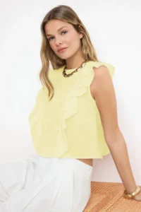 TRENDYOLMİLLA Yellow Ruffle Detailed Crop Size Semi Transparent Weaving Blouse - Image 2