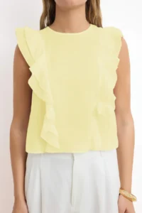 TRENDYOLMİLLA Yellow Ruffle Detailed Crop Size Semi Transparent Weaving Blouse - Image 3