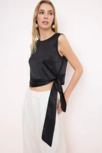 TRENDYOLMİLLA Black Bodice Detailed tied up Satin Weaving Blouse