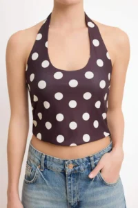 TRENDYOLMİLLA Brown Polka Dot Regular/Normal Pattern Heart Yaka with flywheel/Frilly Satin Knitting Blouse - Image 2