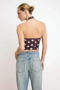 TRENDYOLMİLLA Brown Polka Dot Regular/Normal Pattern Heart Yaka with flywheel/Frilly Satin Knitting Blouse - Image 4