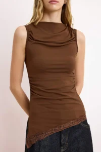 TRENDYOLMİLLA Brown Fitted Asymmetric Lace Detailed Flexible Knitting Blouse - Image 3
