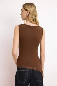 TRENDYOLMİLLA Brown Fitted Asymmetric Lace Detailed Flexible Knitting Blouse - Image 4