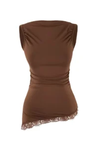 TRENDYOLMİLLA Brown Fitted Asymmetric Lace Detailed Flexible Knitting Blouse - Image 5