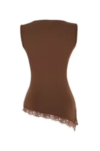TRENDYOLMİLLA Brown Fitted Asymmetric Lace Detailed Flexible Knitting Blouse - Image 7