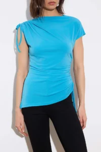 TRENDYOLMİLLA Mavi Fitted Dog collar Drop Sleeve Short Sleeve Shirred Flexible Knitting Blouse - Image 3
