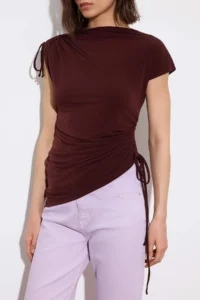 TRENDYOLMİLLA Brown Fitted Dog collar Short Sleeve Shirred Flexible Knitting Blouse - Image 3