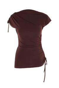 TRENDYOLMİLLA Brown Fitted Dog collar Short Sleeve Shirred Flexible Knitting Blouse - Image 5
