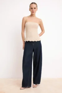 TRENDYOLMİLLA Beige Embroidery Detailed Strapless Weaving Blouse - Image 2