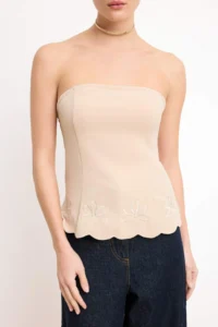 TRENDYOLMİLLA Beige Embroidery Detailed Strapless Weaving Blouse - Image 3