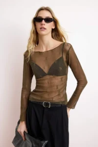 TRENDYOLMİLLA Khaki Fitted Pattern Long Sleeve 100% Cotton textured Knitting Blouse