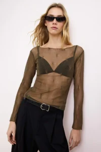 TRENDYOLMİLLA Khaki Fitted Pattern Long Sleeve 100% Cotton textured Knitting Blouse - Image 2