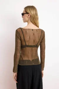 TRENDYOLMİLLA Khaki Fitted Pattern Long Sleeve 100% Cotton textured Knitting Blouse - Image 4