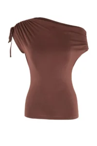 TRENDYOLMİLLA Brown Regular/Normal Pattern Asymmetric Collar Shirred Soft Knitting Blouse - Image 5