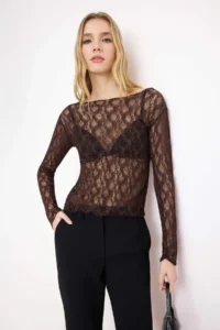 TRENDYOLMİLLA Brown Fitted Boat Neck Long Sleeve Lace Knitting Blouse