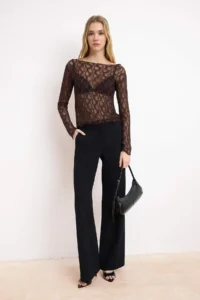 TRENDYOLMİLLA Brown Fitted Boat Neck Long Sleeve Lace Knitting Blouse - Image 2