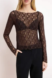 TRENDYOLMİLLA Brown Fitted Boat Neck Long Sleeve Lace Knitting Blouse - Image 3
