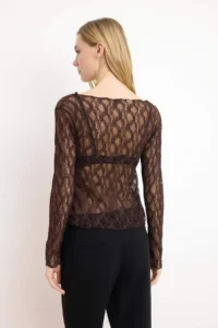 TRENDYOLMİLLA Brown Fitted Boat Neck Long Sleeve Lace Knitting Blouse - Image 4