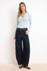 TRENDYOLMİLLA Light Blue V-neck Gather Detailed Long Sleeve Flexible Knitting Blouse - Image 2