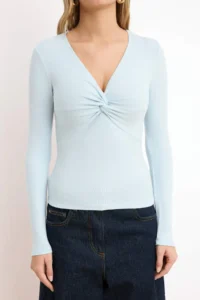 TRENDYOLMİLLA Light Blue V-neck Gather Detailed Long Sleeve Flexible Knitting Blouse - Image 3