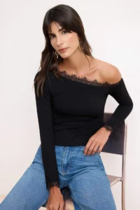 TRENDYOLMİLLA Black Fitted Asymmetric Collar Long Sleeve Lace Detailed Tulle Knitting Blouse - Image 2
