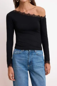 TRENDYOLMİLLA Black Fitted Asymmetric Collar Long Sleeve Lace Detailed Tulle Knitting Blouse - Image 3