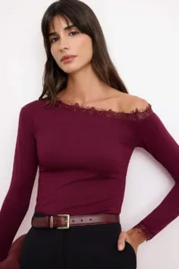 TRENDYOLMİLLA Burgundy Fitted Asymmetric Collar Long Sleeve Lace Detailed Tulle Knitting Blouse - Image 2