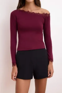 TRENDYOLMİLLA Burgundy Fitted Asymmetric Collar Long Sleeve Lace Detailed Tulle Knitting Blouse - Image 3