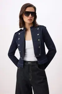 TRENDYOLMİLLA Dark Blue Button Detailed Blazer Denim Jacket - Image 2