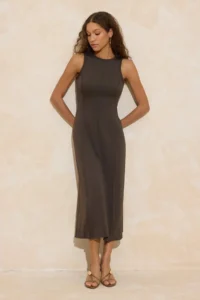 TRENDYOLMİLLA Khaki A-Cut/Life Form Sleeveless Maxi Stitching Detailed Soft Touch Knitting Dress