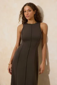 TRENDYOLMİLLA Khaki A-Cut/Life Form Sleeveless Maxi Stitching Detailed Soft Touch Knitting Dress - Image 2