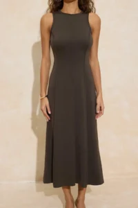TRENDYOLMİLLA Khaki A-Cut/Life Form Sleeveless Maxi Stitching Detailed Soft Touch Knitting Dress - Image 3