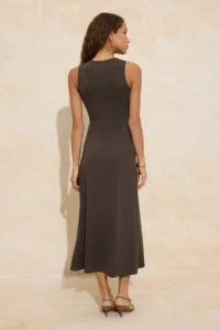 TRENDYOLMİLLA Khaki A-Cut/Life Form Sleeveless Maxi Stitching Detailed Soft Touch Knitting Dress - Image 4