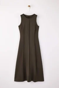 TRENDYOLMİLLA Khaki A-Cut/Life Form Sleeveless Maxi Stitching Detailed Soft Touch Knitting Dress - Image 5