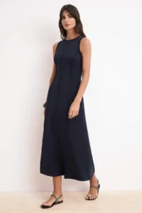 TRENDYOLMİLLA Navy Blue A-Cut/Life Form Sleeveless Maxi Soft Touch Knitting Dress with Sewing Detail