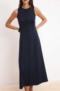 TRENDYOLMİLLA Navy Blue A-Cut/Life Form Sleeveless Maxi Soft Touch Knitting Dress with Sewing Detail - Image 3